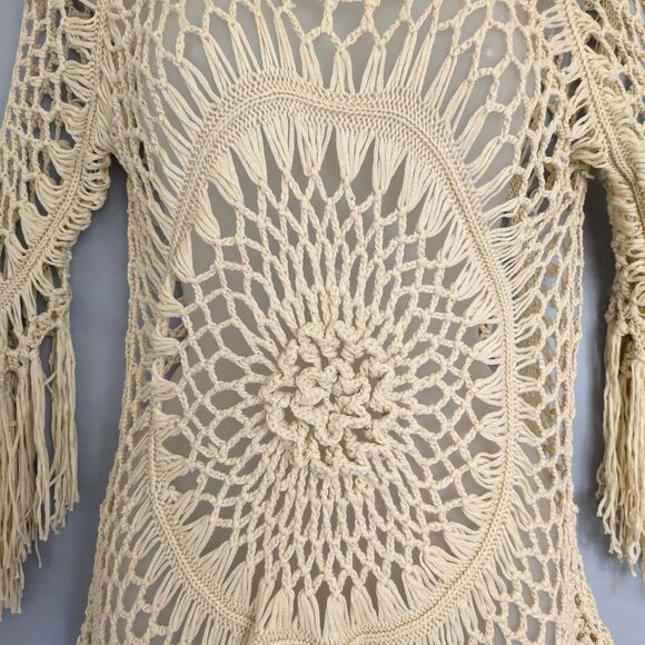 Odiva Crochet Swimsuit Cover Up Small Tassel Fringe Khaki Beach Tunic Top Boho - Picture 3 of 12